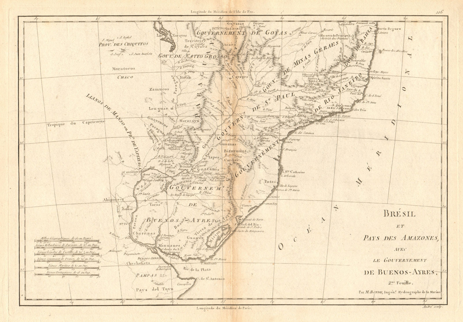 Bresil et Pays des Amazones, Ire feuille. Brazil & Amazonia. BONNE 1788 map